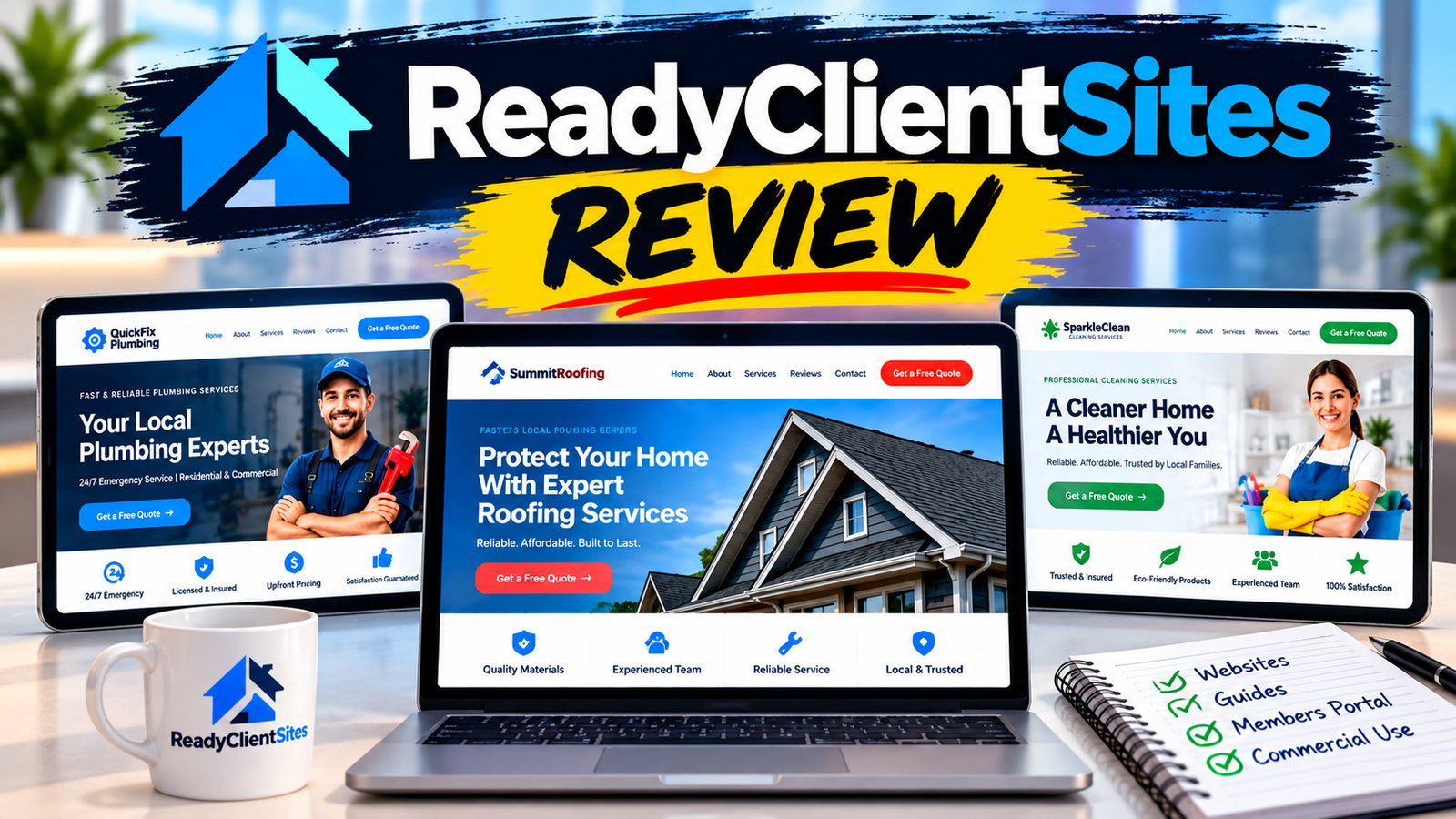 Ready Client Sites review illustration showing examples of plumbing, roofing and cleaning websites