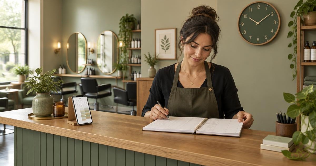 Small-business owner reviewing a paper diary beside a digital appointment calendar