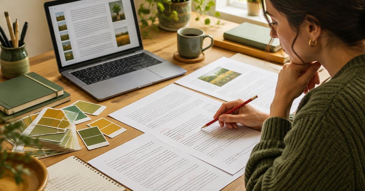 A small-business editor reviewing draft content and brand references