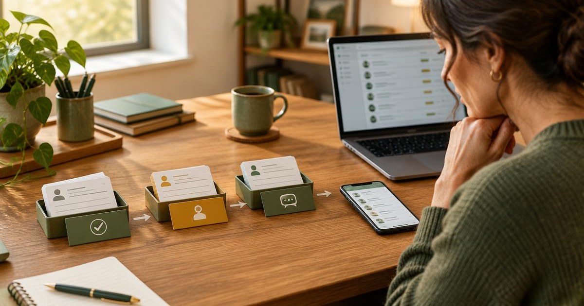 A small-business owner reviewing enquiry cards through acknowledgement and follow-up stages