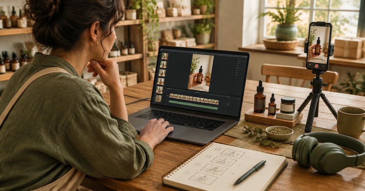 A shop owner reviewing a vertical product video edit beside a phone camera