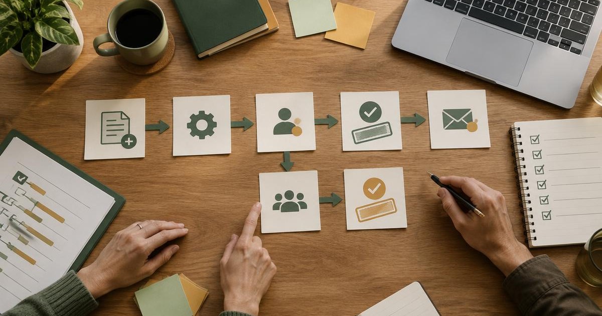 A small-business team mapping a workflow with triggers, approvals and handoffs